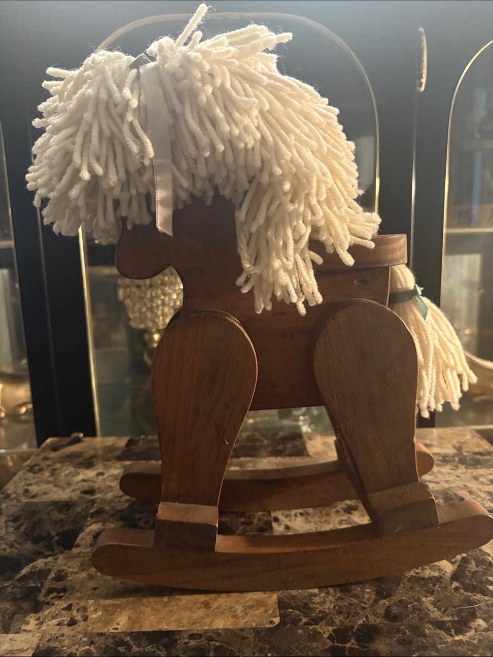 Vintage Wooden Rocking Horse Figurine with Cream Yarn Mane